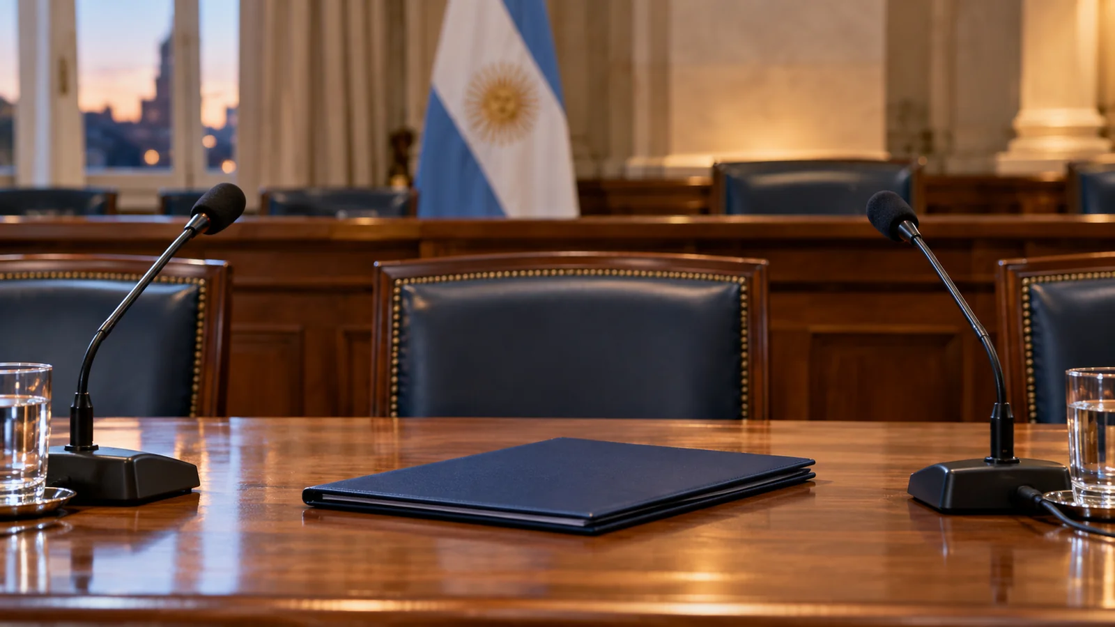 Ilustración de una mesa de comisión vacía con carpeta, micrófonos y bandera argentina