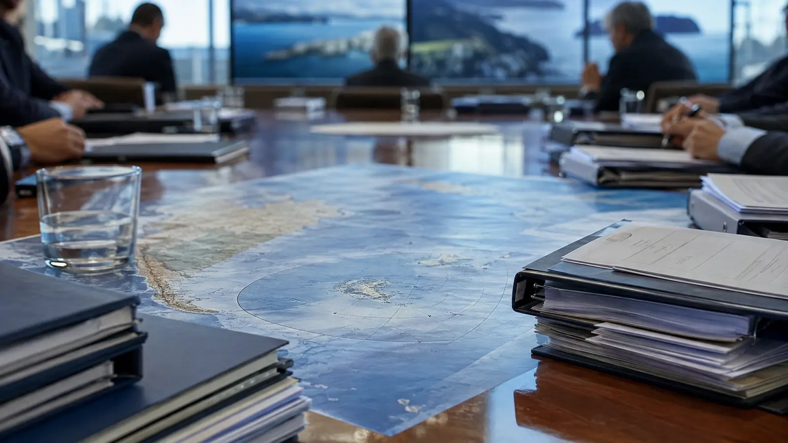 Mesa institucional con documentos y mapa del Atlántico Sur durante una reunión sobre Malvinas