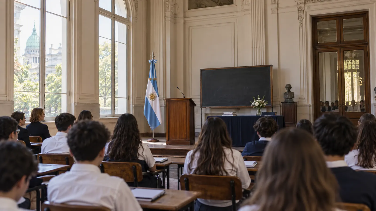 Acto educativo en un edificio histórico de Buenos Aires con docentes, estudiantes y una bandera argentina