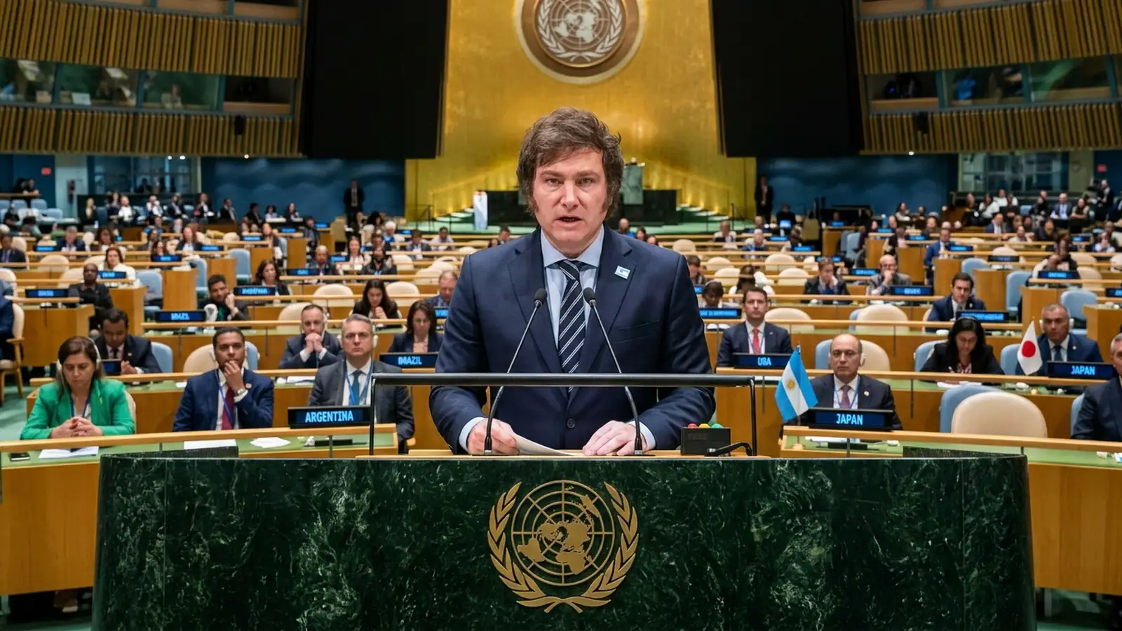 Javier Milei brindando su discurso desde el estrado principal de la Asamblea General de las Naciones Unidas en Nueva York