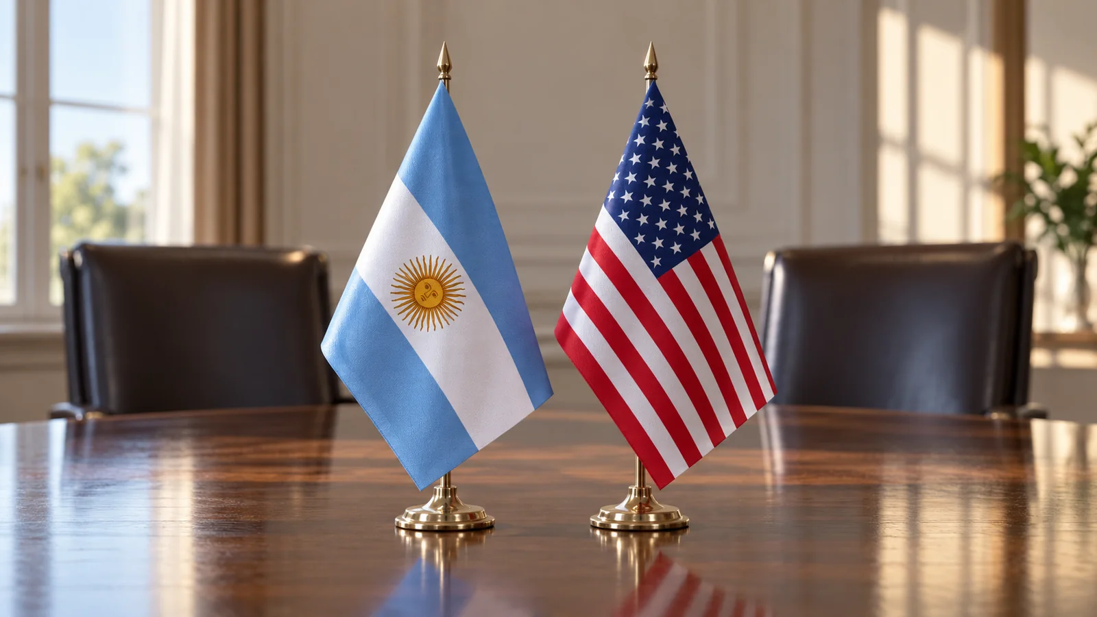 Ilustración de banderas de Argentina y Estados Unidos sobre una mesa de reuniones vacía