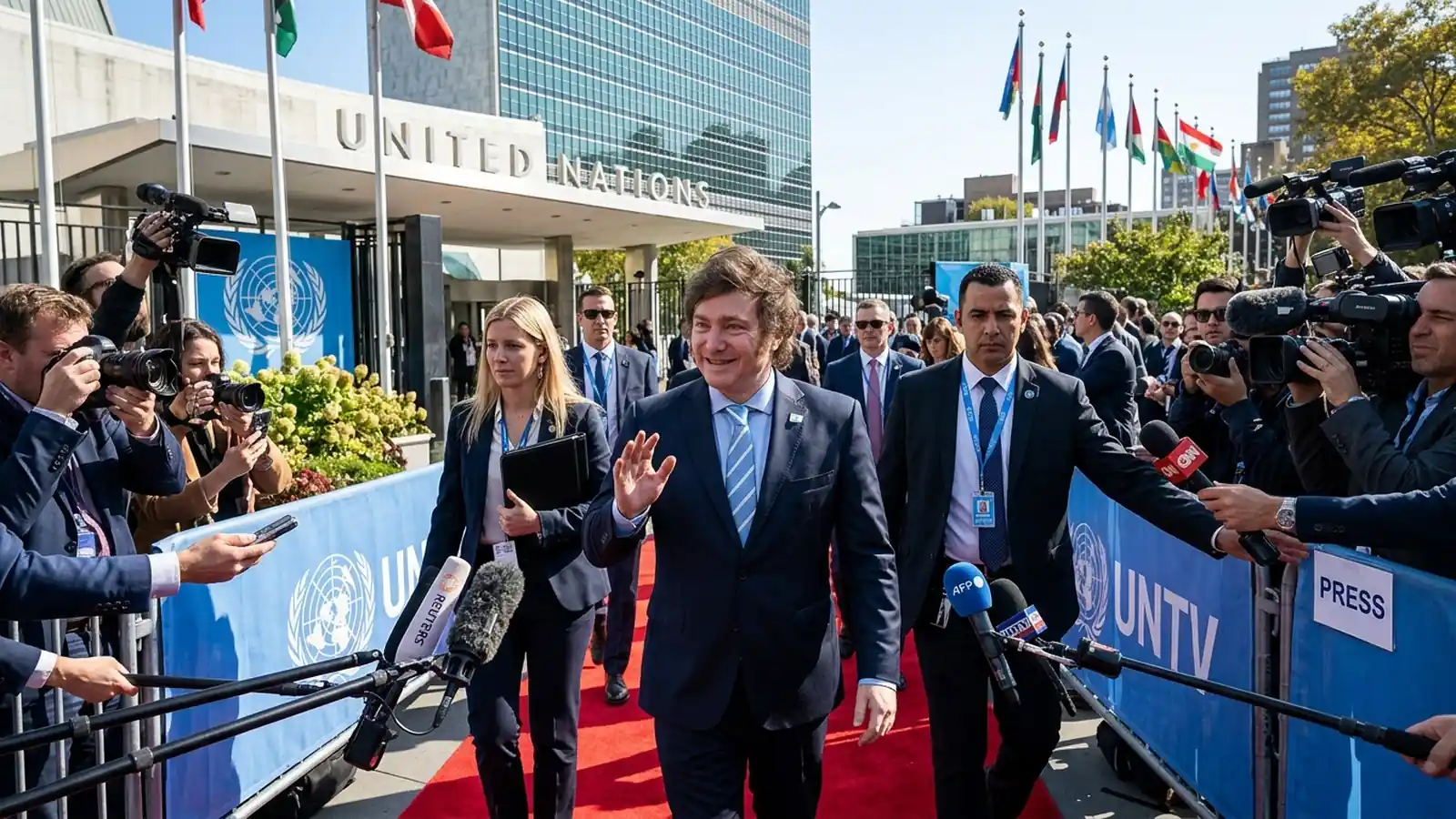 El presidente Javier Milei junto a su comitiva ingresando a la sede de las Naciones Unidas en Nueva York