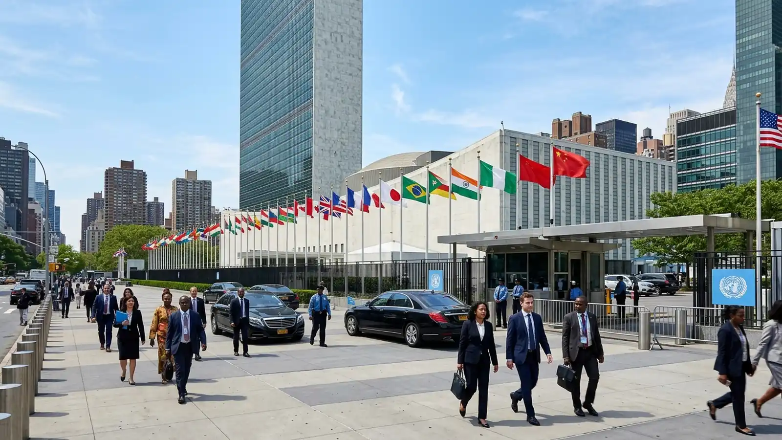 Sede de las Naciones Unidas en Nueva York con banderas internacionales y comitivas diplomáticas