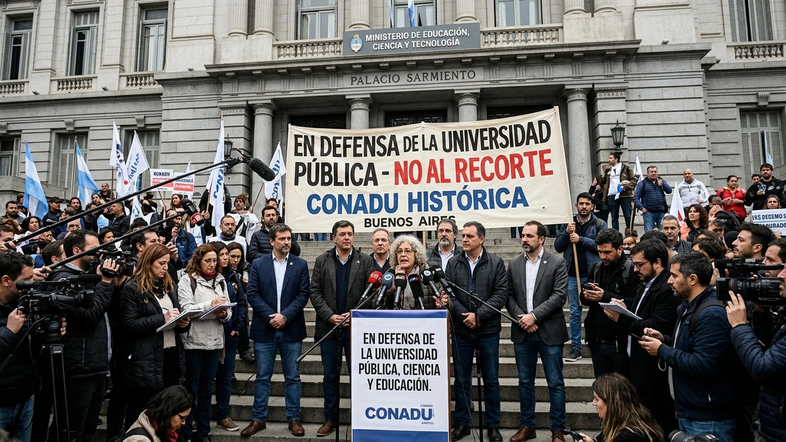 Secretarios generales y docentes universitarios brindando una conferencia de prensa en las escalinatas del Palacio Sarmiento