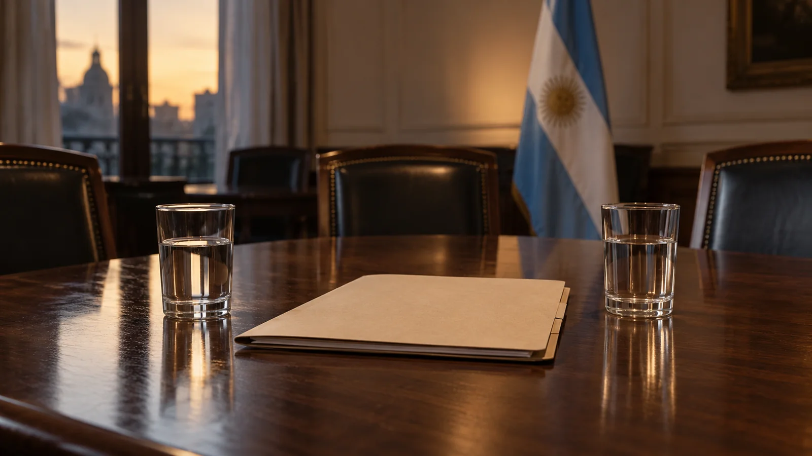 Ilustración de una carpeta y vasos de agua en una mesa de reunión con bandera argentina al fondo