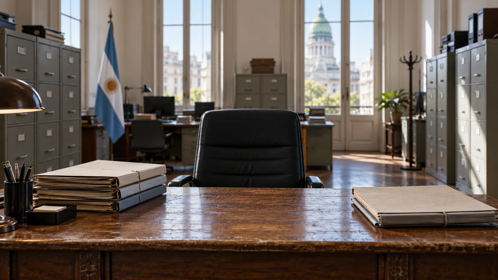 Ilustración de un escritorio vacío con carpetas y archivadores en una oficina pública genérica