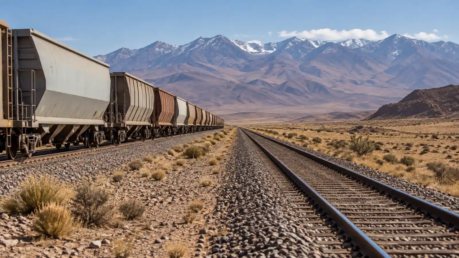 Ilustración editorial de un tren de cargas y vías en un paisaje árido del norte argentino