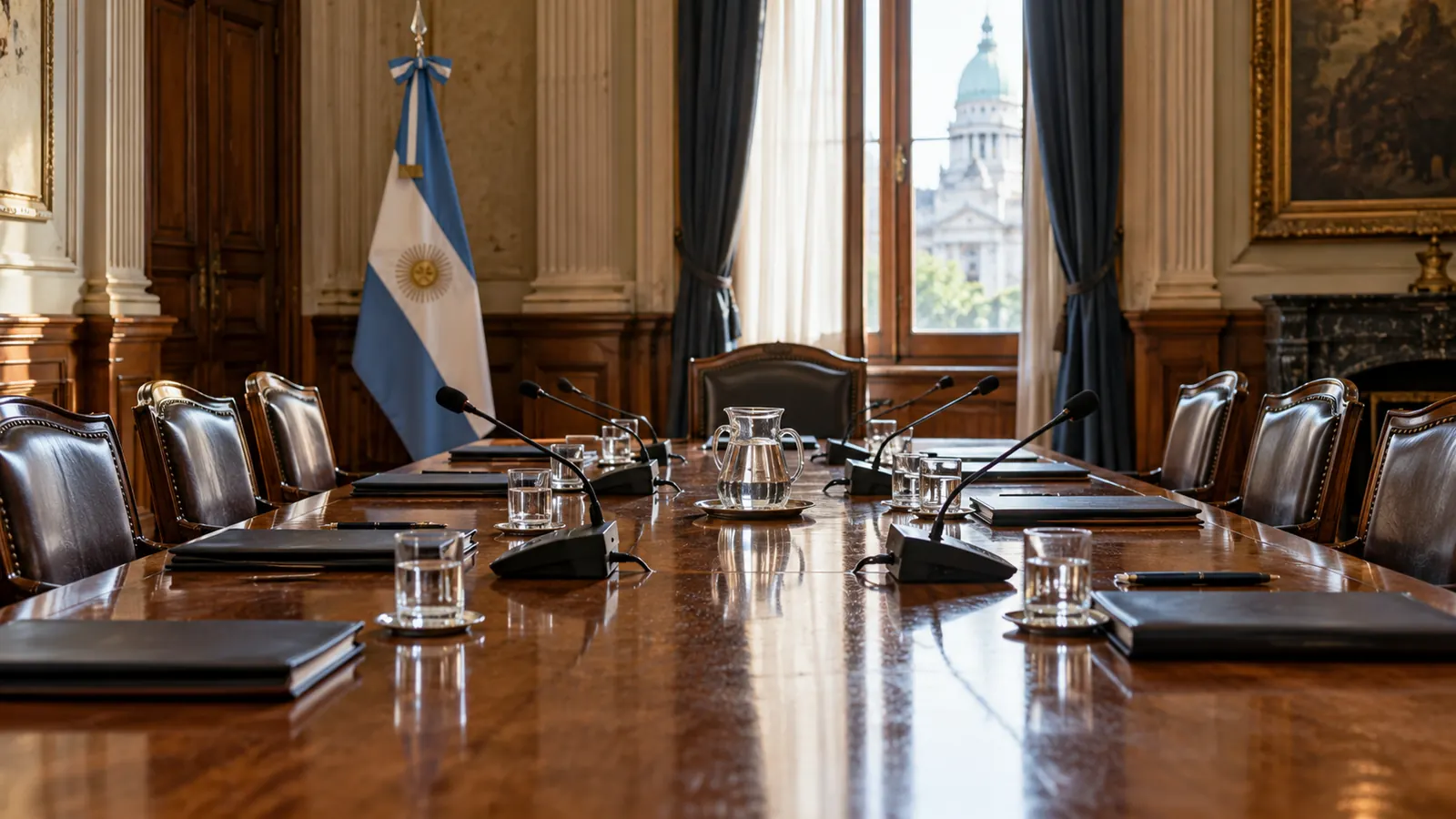 Ilustración de una mesa de comisión parlamentaria vacía, con micrófonos, carpetas y bandera argentina