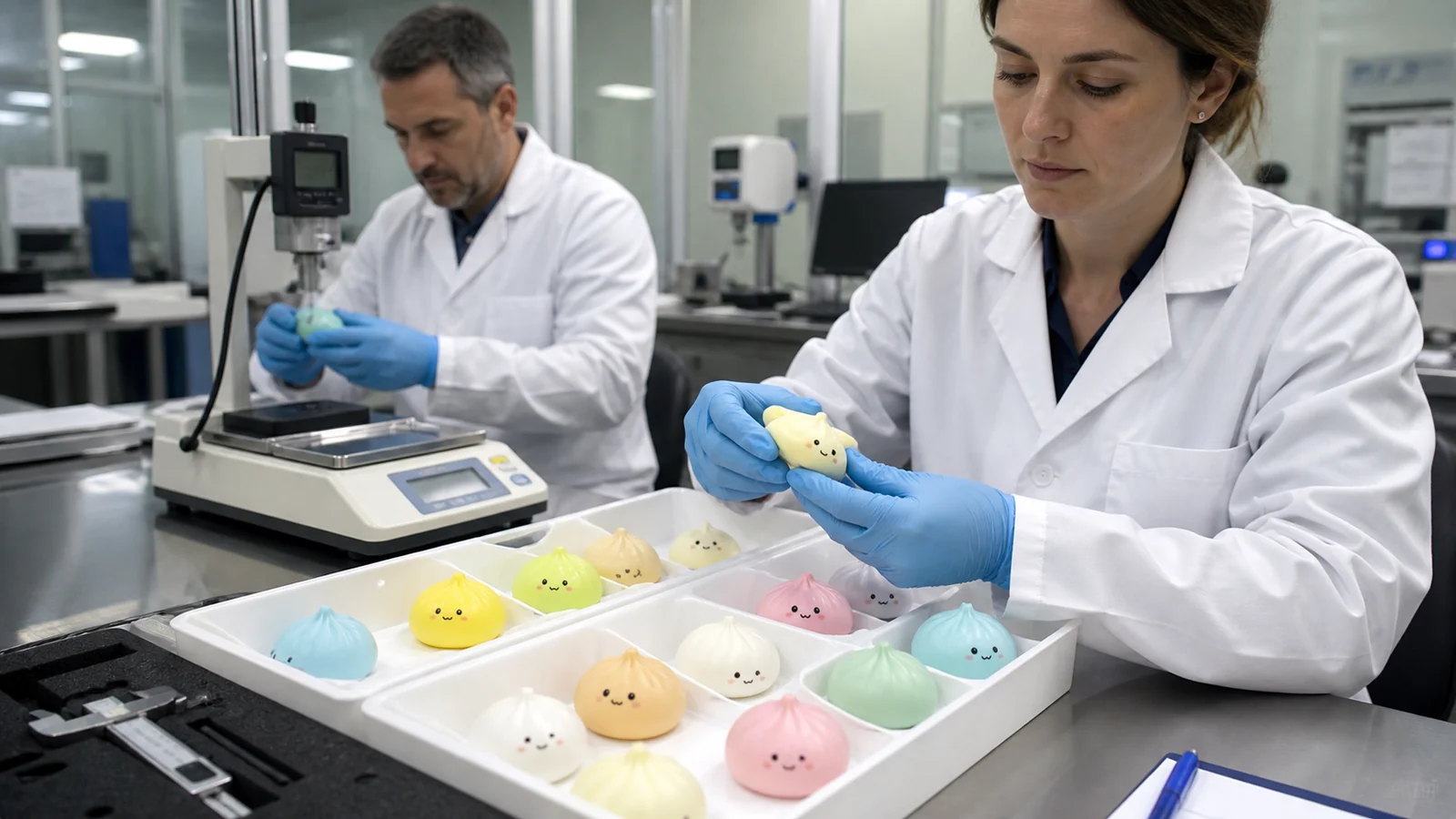 Técnicos de laboratorio examinan juguetes blandos de colores durante un control de seguridad