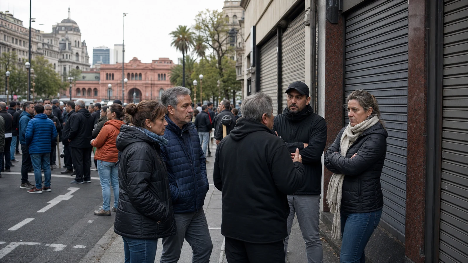 Comerciantes y trabajadores conversan frente a locales cerrados durante una movilización en el centro de Buenos Aires