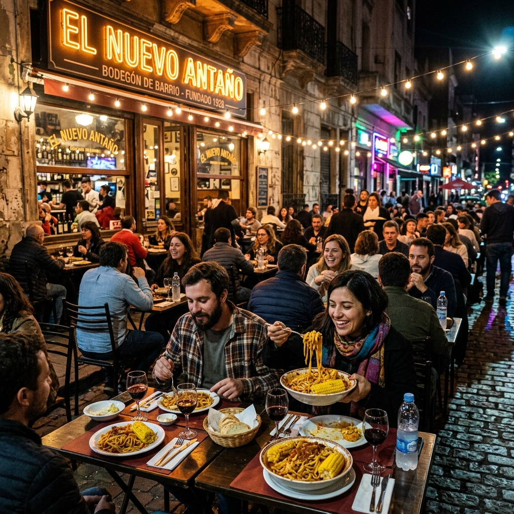 Multitud de personas comiendo efusivamente platos enormes de pastas con choclos enteros en las veredas del Restaurante El Nuevo Antaño bajo luces de guirnaldas nocturnas.