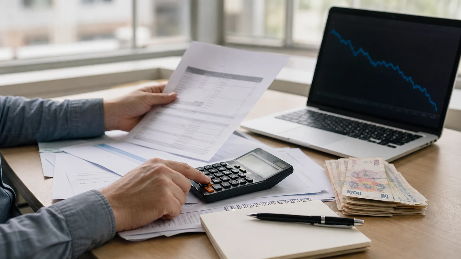 Trabajador revisa su recibo de sueldo y gastos mensuales junto a una calculadora y pesos argentinos