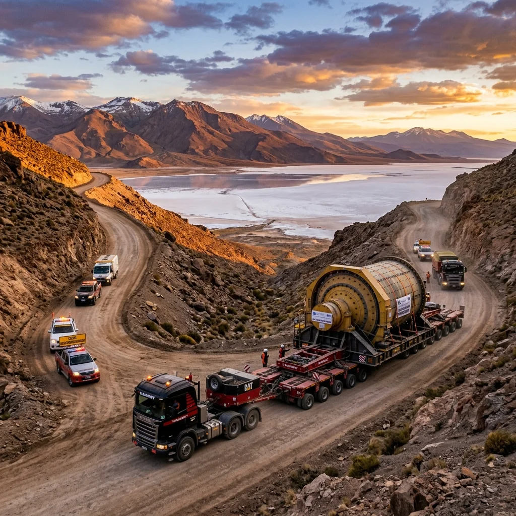 Camiones de carga pesada transportando maquinaria minera en la cordillera