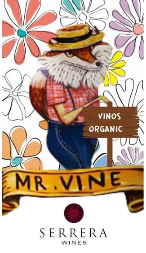 Ilustración del zorro Mr. Vine con el sello de vinos orgánicos de Serrera Wines
