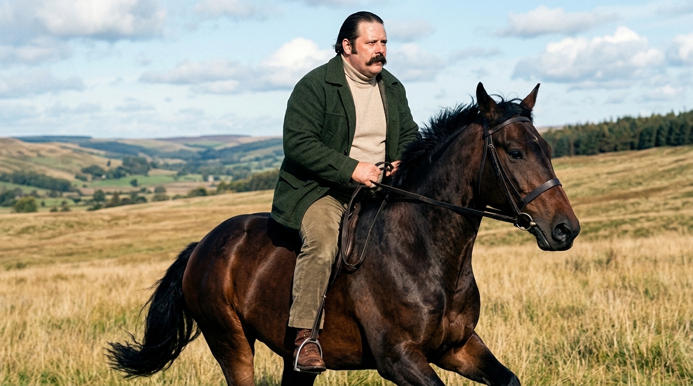Simón Alberto Lázara montando a caballo en el campo argentino, figura heroica a color.