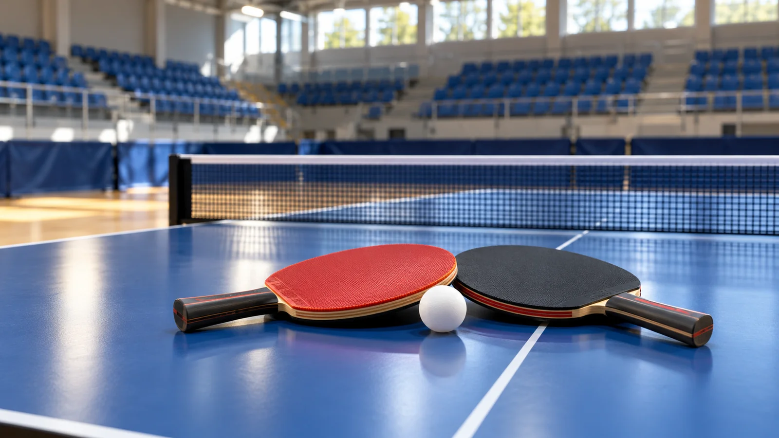 Ilustración editorial de paletas y pelota sobre una mesa de tenis de mesa