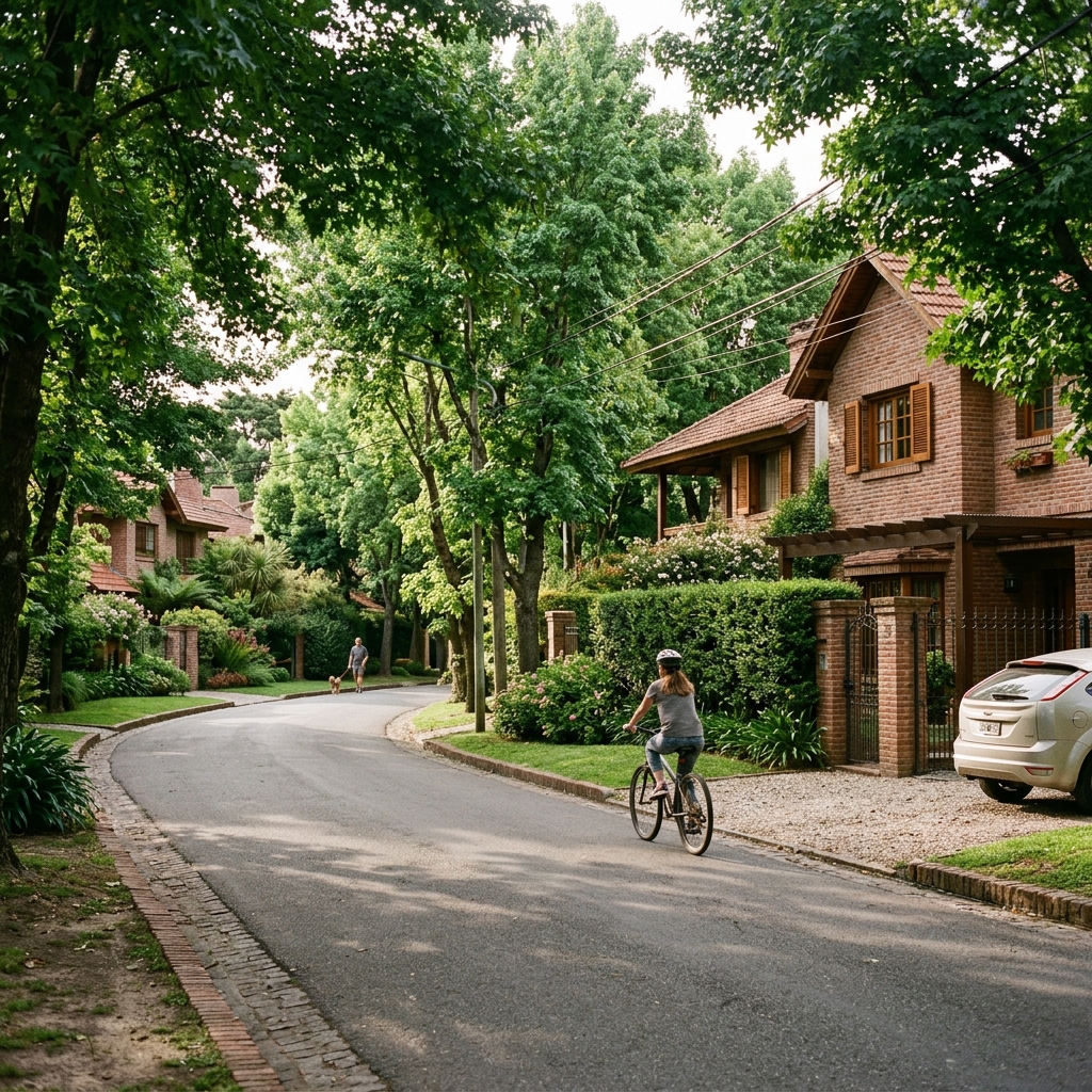 Típica calle de un barrio cerrado arbolado en Tortuguitas, Buenos Aires, Argentina, con casas de ladrillo a la vista y estilo autóctono, mucho verde y ligustros.