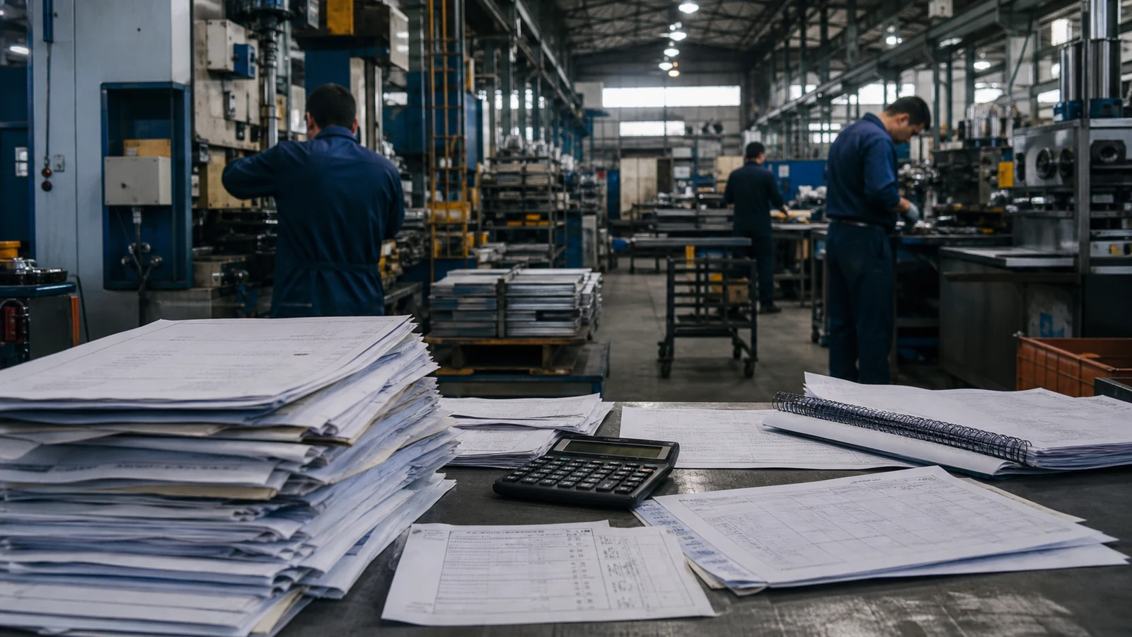 Trabajadores de una pyme metalúrgica junto a documentos y una calculadora en una planta industrial