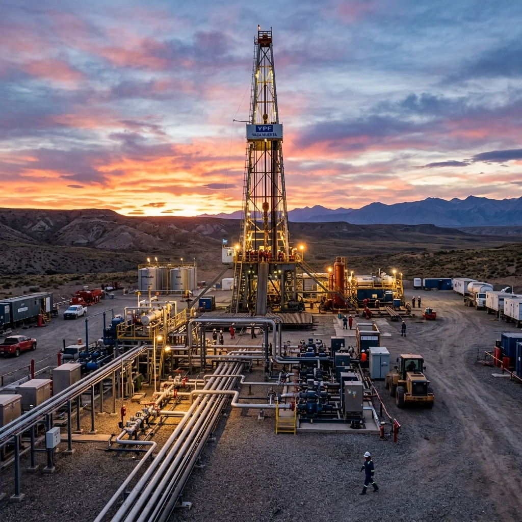 Instalación de YPF en Vaca Muerta al atardecer