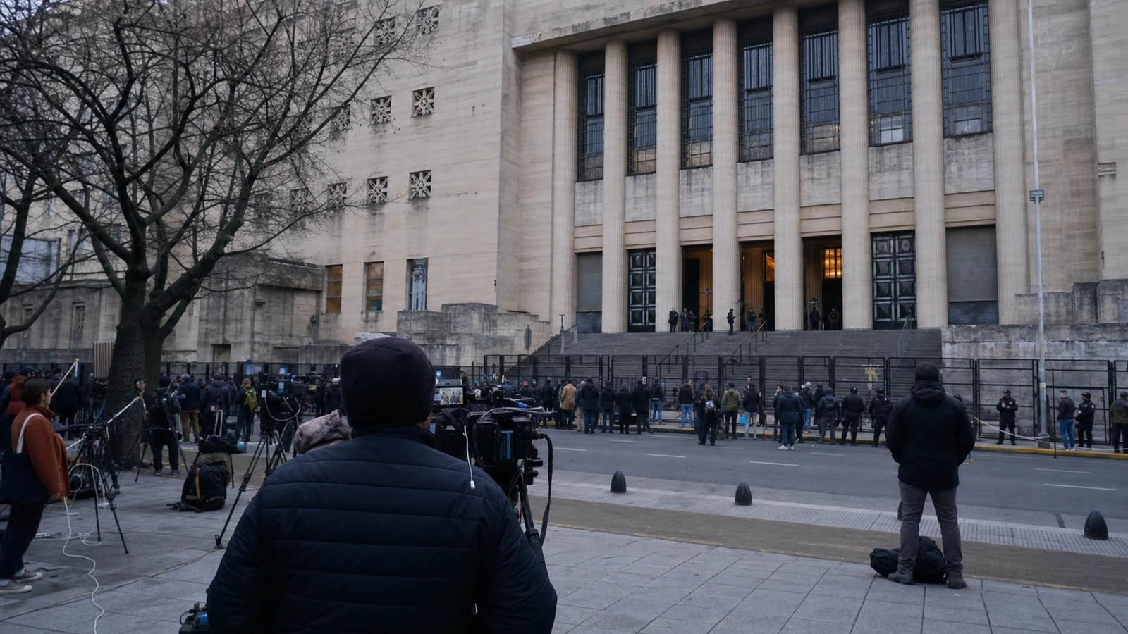 Periodistas cubren una jornada judicial frente a los tribunales federales de Comodoro Py