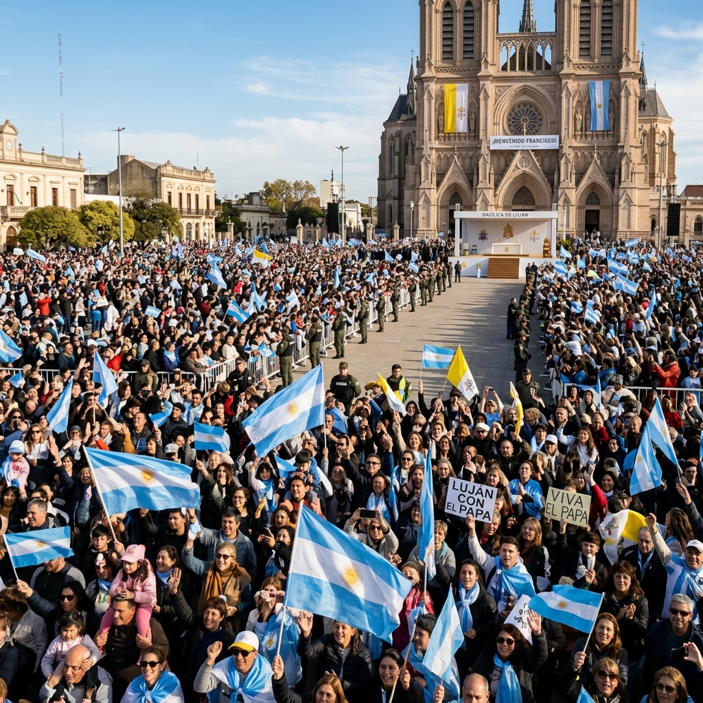 Multitud esperando al Papa con banderas argentinas