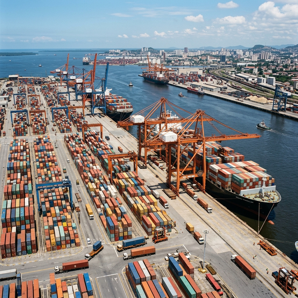 Vista panorámica de un puerto activo con contenedores apilados, grúas gigantes y buques cargueros, representando las operaciones de comercio exterior de un freight forwarder.