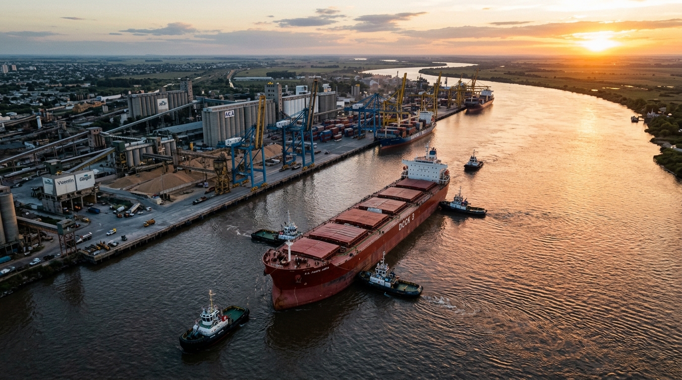 Buque Handymax cargado con maíz argentino navegando por el río Paraná al atardecer, con terminales portuarias y silos en la ribera.