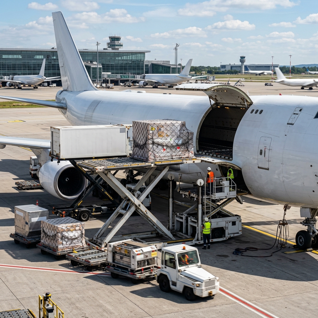 Avión de carga internacional en el aeropuerto recibiendo mercancía desde elevadores especializados y maquinaria aeroportuaria.