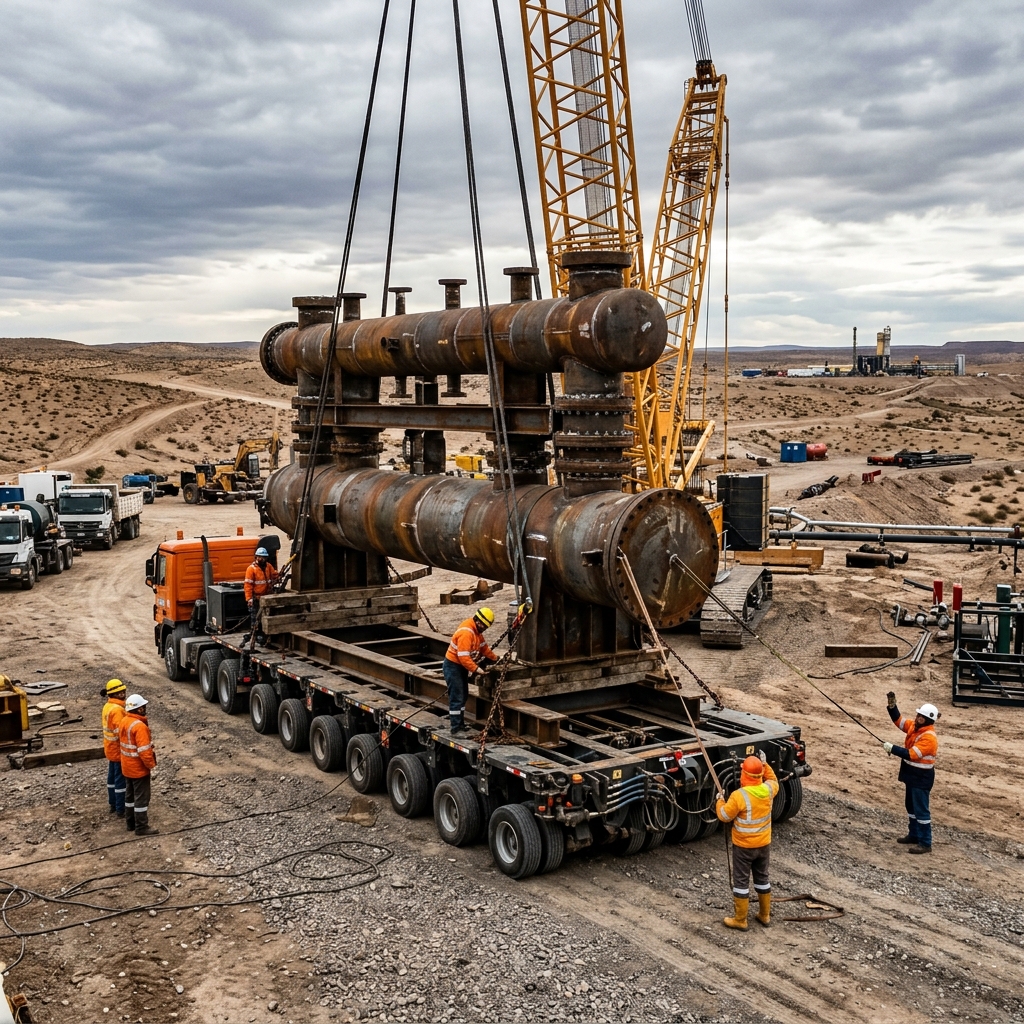 Camión especial transportando una enorme pieza de carga proyecto break bulk en un entorno desértico industrial, como Vaca Muerta, con operarios supervisando.
