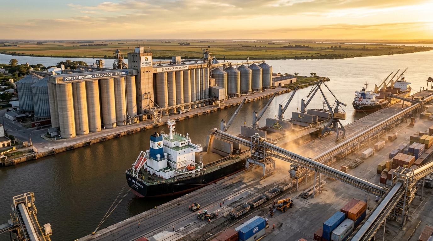 Puerto granario en el Gran Rosario con silos, buques de carga y grúas industriales al atardecer, representando el récord exportador argentino de 2026.