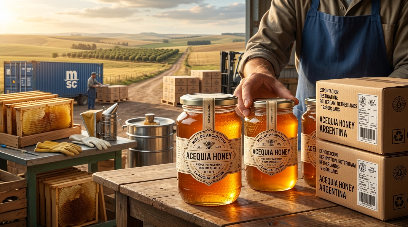 Miel argentina premium en frascos de vidrio lista para exportación, con panales dorados y equipo apícola de fondo en el campo bonaerense.